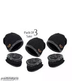 3 black color unisex woolen cap and neck winter protection scarf