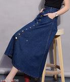 Navy blue denim skirt, ten buttons, midi length