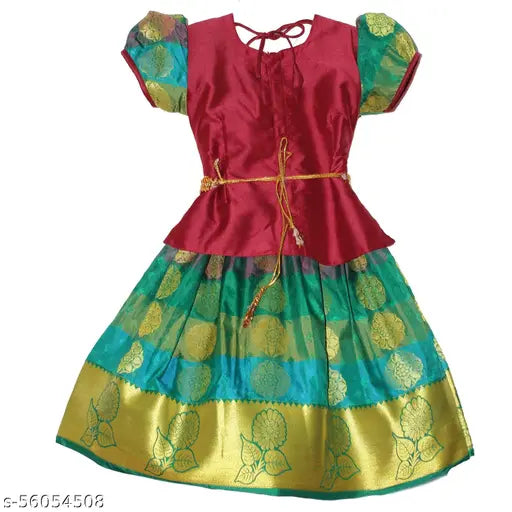 Cotton-silk Leela Pattu Girls' Lehenga Choli with waist belt, vibrant floral design, Indian traditional wear for festivals & parties