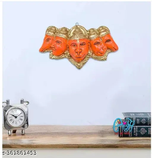 Orange resin Panchmukhi Hanuman statue for pooja temple decoration, 7x4 inches