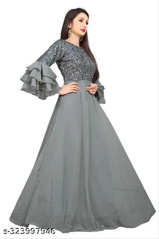 Georgette three-quarter sleeve solid combo Abhisarika Voguish gown, elegant Indian bridal gown on mannequin