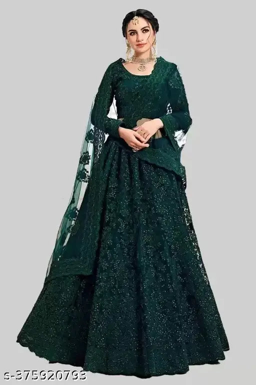 Embroidered net lahenga-choli and dupatta set, intricate Indian bridal wear featuring semi-stitched net fabrics and ornate embroidery