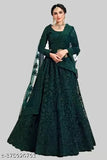 Embroidered net lahenga-choli and dupatta set, intricate Indian bridal wear featuring semi-stitched net fabrics and ornate embroidery
