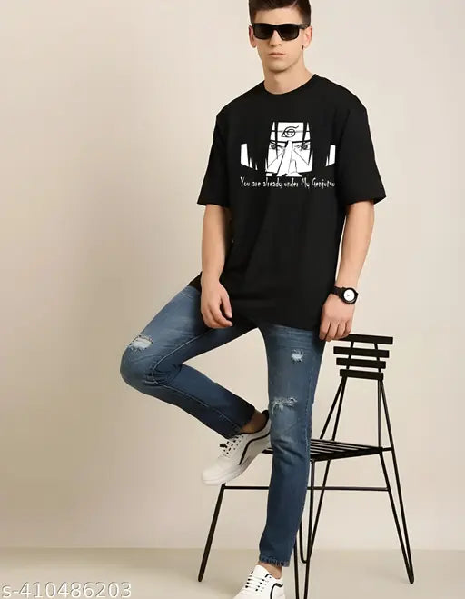 Oversized printed cotton T-shirt for men, vibrant front & back design. Three-quarter sleeves, India origin