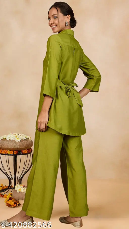 WineRed women's solid green leaf embroidered coord set, polyester fabric with 3/4 sleeve and self-tie waist, India