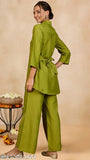WineRed women's solid green leaf embroidered coord set, polyester fabric with 3/4 sleeve and self-tie waist, India