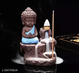 Blue polyresin Buddha statue combo pack with golden head, includes 10 incense cones, decorative showpiece, 12cm high
