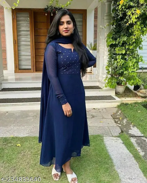 Georgette embellished long-sleeved ladies' kurti for parties, available in M, L, XL, XXL, XXXL sizes. Made in India