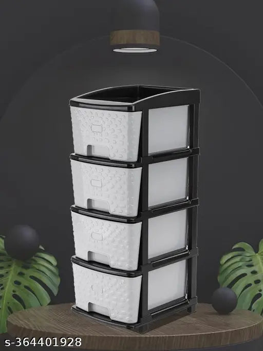 Black plastic drawer organizer set, with four stackable trays and grey color, for storing clothes books toys shoes socks etc