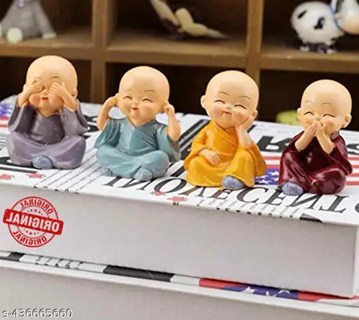 Buddha Monk set of 4 statue figurines, decorative items for home, table top or car dashboard. Indian handcrafted Buddha statues as living room, bedroom, office decor