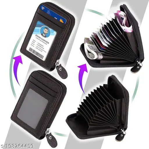 Black leather card and money organizer with RFID blocking, modern design, and 5 compartments