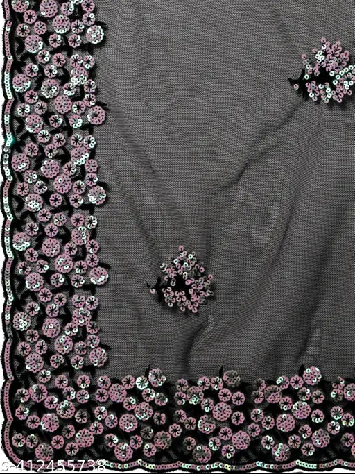 Black multi-sequence flower net saree, embroidered with intricate patterns, free size, Indian origin