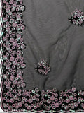 Black multi-sequence flower net saree, embroidered with intricate patterns, free size, Indian origin