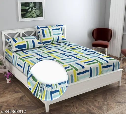 Luxury trends premium cotton elastic king size fitted bedsheet with 2 pillow covers, double bed with all-around elastic. Supersoft geometric design in summer-friendly 72x78+10 inches