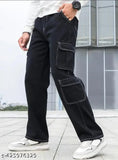 Black cotton cargo jeans with pockets, baggy fit
