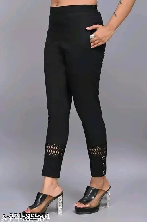 Cotton lycra slub lycra jeggings/joggers/plazzo pants, stretchable & soft with side button ankle design, perfect for women's fashionable comfort, India origin
