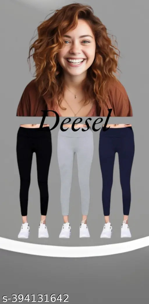 Stylish black/grey/navy cotton blend jeggings women's combo pack, featuring solid pattern and sizes 26, 28, 30
