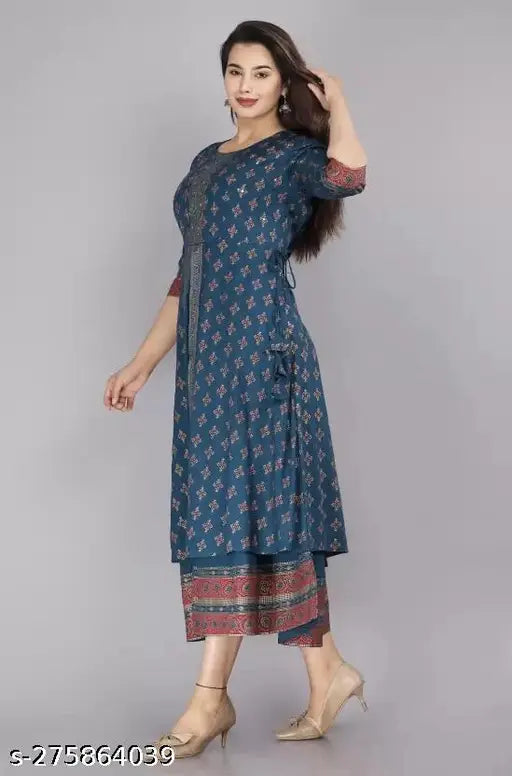 Royal Blue rayon printed Anarkali gown with front slit and three-quarter sleeves, Indian ethnic wear for women