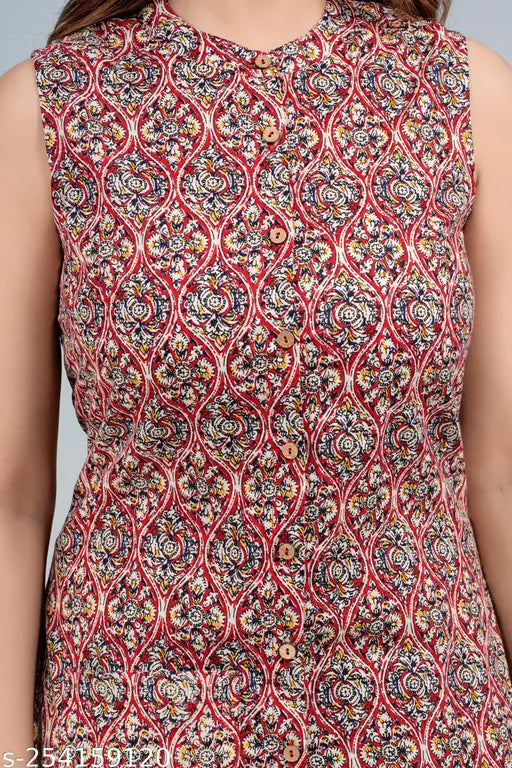 Cotton kurta palazzo set for women, printed net design, sleeveless, Indian fabric, fitted sizes XS to XL