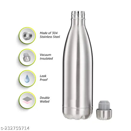 Silver stainless steel leak-proof water bottle for kids (500ml) with long-handle silicone brush for cleaning - ideal for fridge, school, gym, home, office