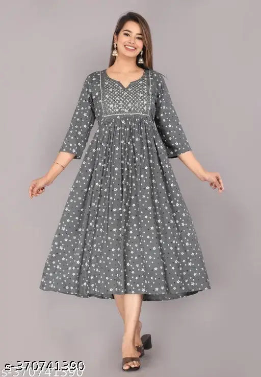 Gray long-sleeved dress with embroidery