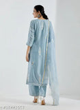 Blue cotton blend kurta set with palazzos and dupatta, printed net pattern, three-quarter sleeves. Women's size M and L available. Made in India