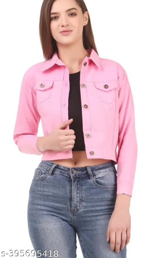 Pink denim unisex jacket, solid pattern, three-quarter sleeves, India origin