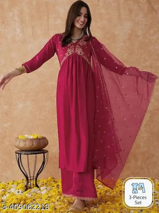 Vichitra Silk women's embroidered kurta set with palazzos, solid pattern, three-quarter sleeves. Handcrafted Indian fashion