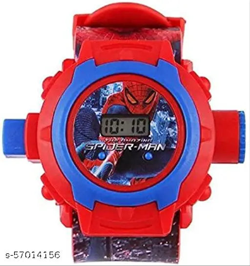 Red and blue digital watch with Spider-Man graphic design on strap