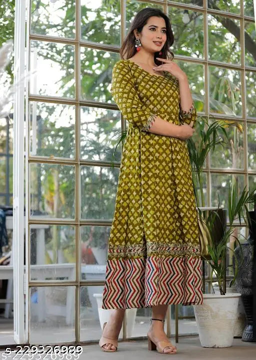 Green rayon Anarkali embroidery kurti gown for women and girls, stylish party wear