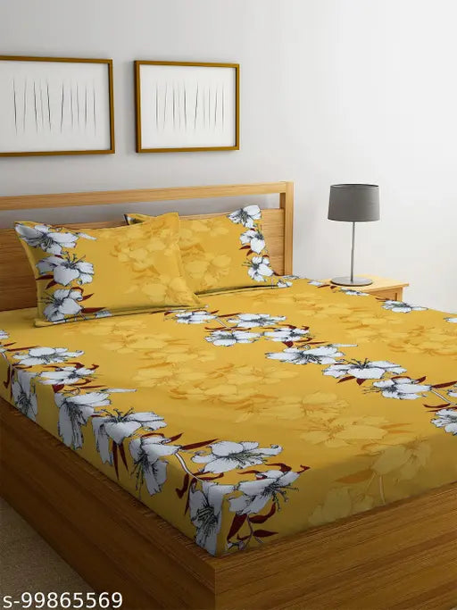 Mustard white flowered, supersoft breathable wrinklfree cotton flat double bedsheets with 2 pillow covers for summer AC 220TC, Indian origin