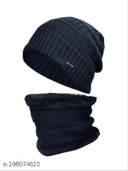 Woolen HRIDAY men's winter beanie cap with muffler set, extreme cold protection for extreme winter - onesize
