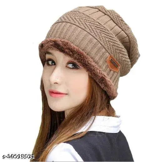 Women's brown wool beanie cap