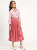 Premium quality kurta set for girls in printed net pattern, three-quarter sleeves, and PU belt. Indian-made polyester dress for ages 5-14