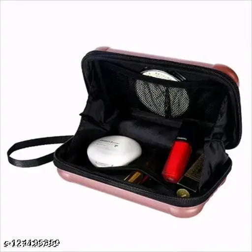 Black cosmetic bag with zipper and multiple compartments, for women and girls