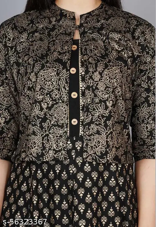 Black printed rayon anarkali kameez with matching jacket