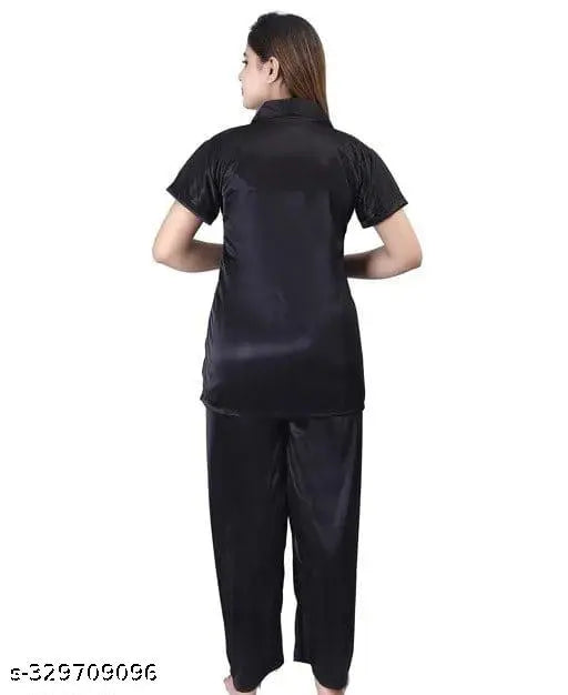 Satin nightsuit set: 1 shirt, 1 pajama, 1 short, 1 eyemask, Indian-made, high-quality satin sleepwear for comfort and style