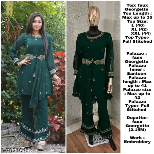 Green faux Georgette embroidered kurta set with palazzo and dupatta for women, Indian made" (124 characters)