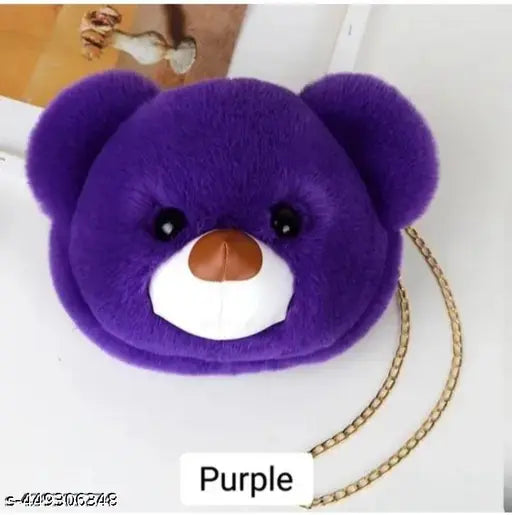 Purple padded pouch with a cute cartoon bear face, attached with a gold chain necklace