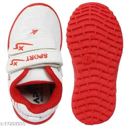 Red sports shoe with white sole and black text on side