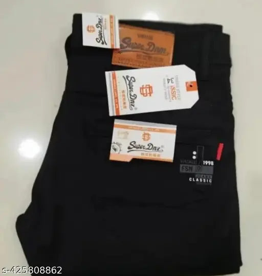 Stylish black denim jeans for men, cotton blend, machine washable, mid-rise, full length, solid, premium stretch fabric
