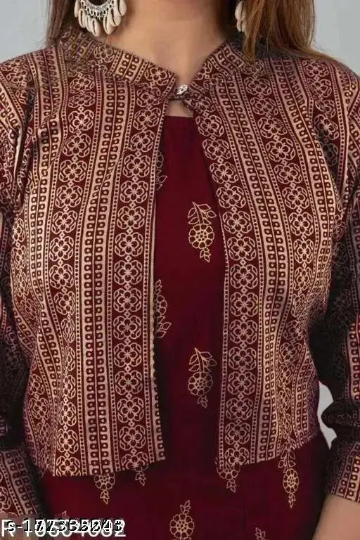 Blue rayon printed Jacklin kurta with jacket, three-quarter sleeves - Indian women's fashion