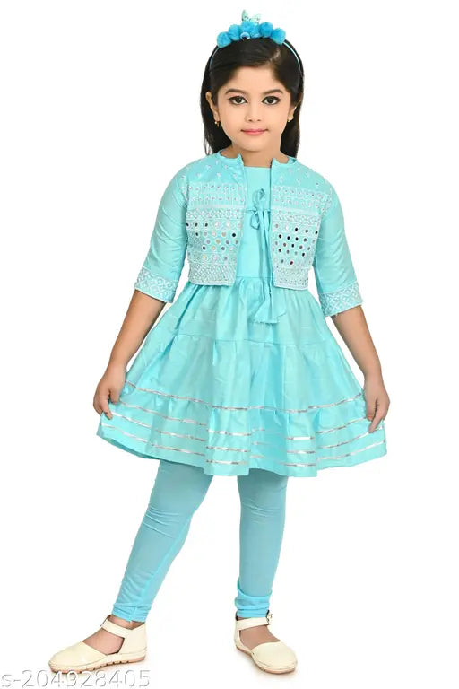 Sky blue cotton anarkali churidar dress set with jacket for girls - sleeveless frock and lightweight jacket, perfect for various occasions