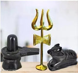 Marble black Shivling with Nandi Maharaj idol statue and trishul, Indian artisanal sculpture on display