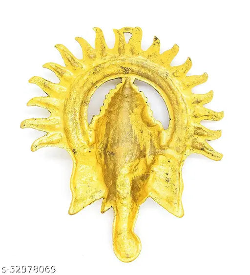 Gold metal Ganesh idol with chakra, 23cm tall for home and office wall decor