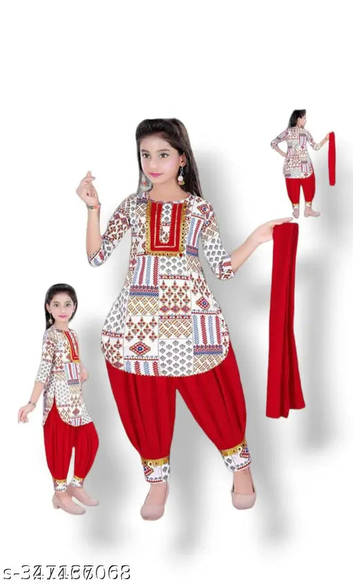 Stylish cotton blend kurta set with patiala and dupatta for kids partywear, embellished ethnic Indian outfit for girls ages 2-10 years
