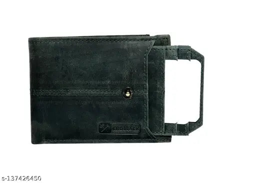 Black genuine leather RFID wallet with 12 slots, solid design, and zipper coin pocket for men by CROSSACK. Stylish, slim, and perfect size for front or back pocket. Ideal gift for all occasions
