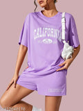 Lavender cotton printed women's nightsuit set with half sleeves top & shorts - lightweight, comfortable, Indian origin