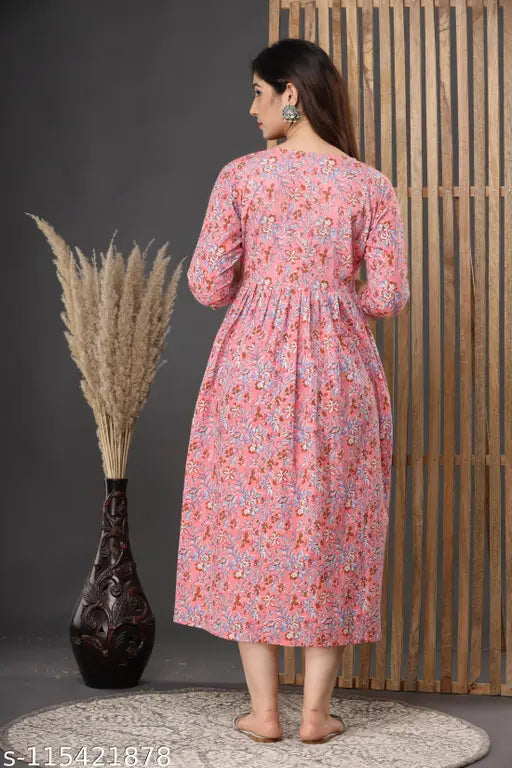 Cotton floral maternity gown with side feeding access, long sleeves, full skirt and empire waist