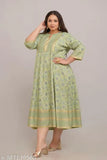 Green rayon maxi dress with printed combo, three-quarter sleeves by Fashion Zest. India-made plus size Anarkali gown for a stylish and pleasant mood